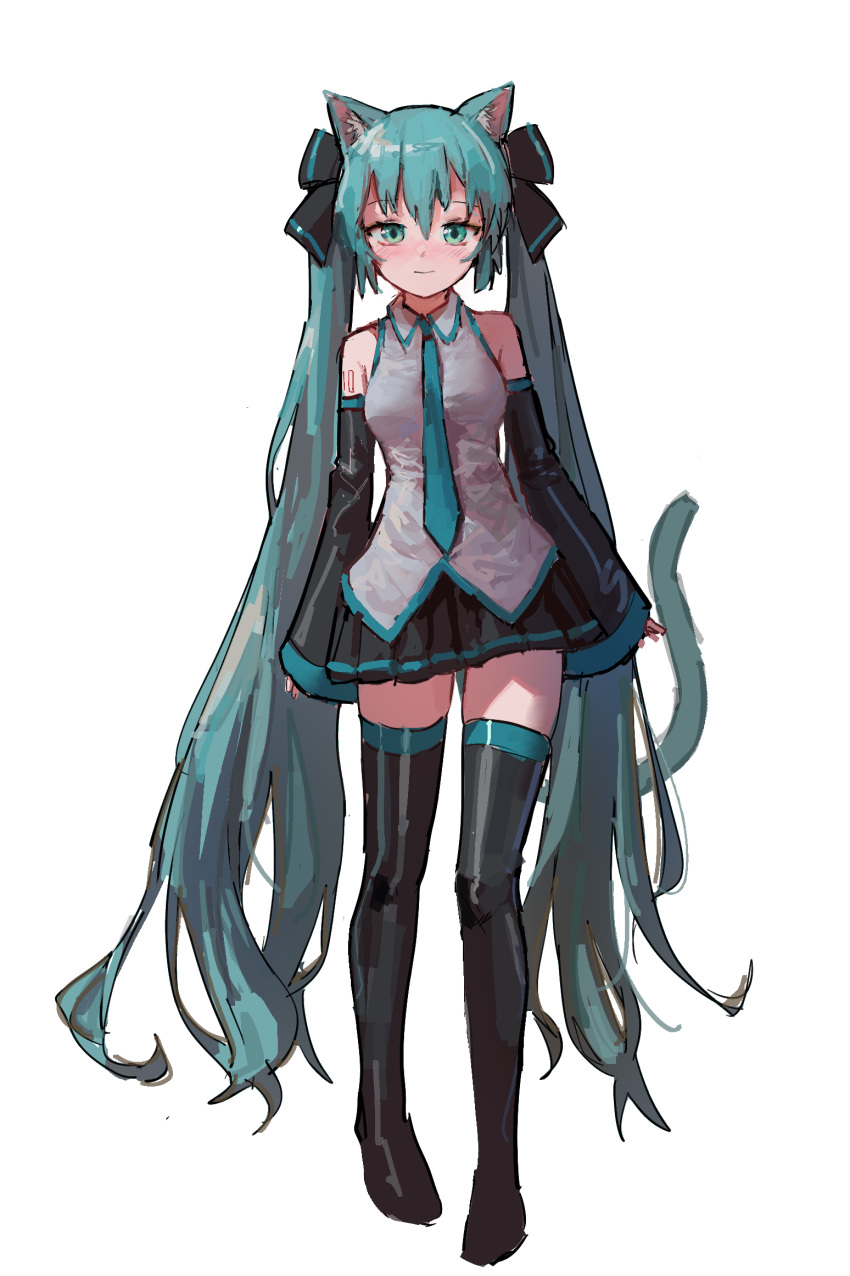 1girl animal_ears aqua_eyes aqua_hair aqua_necktie bangs black_skirt black_thighhighs cat_ears cat_tail closed_mouth collared_shirt detached_sleeves full_body grey_shirt hatsune_miku highres long_hair looking_at_viewer necktie pleated_skirt reddizen shirt simple_background skirt smile solo standing tail thigh-highs twintails very_long_hair vocaloid white_background