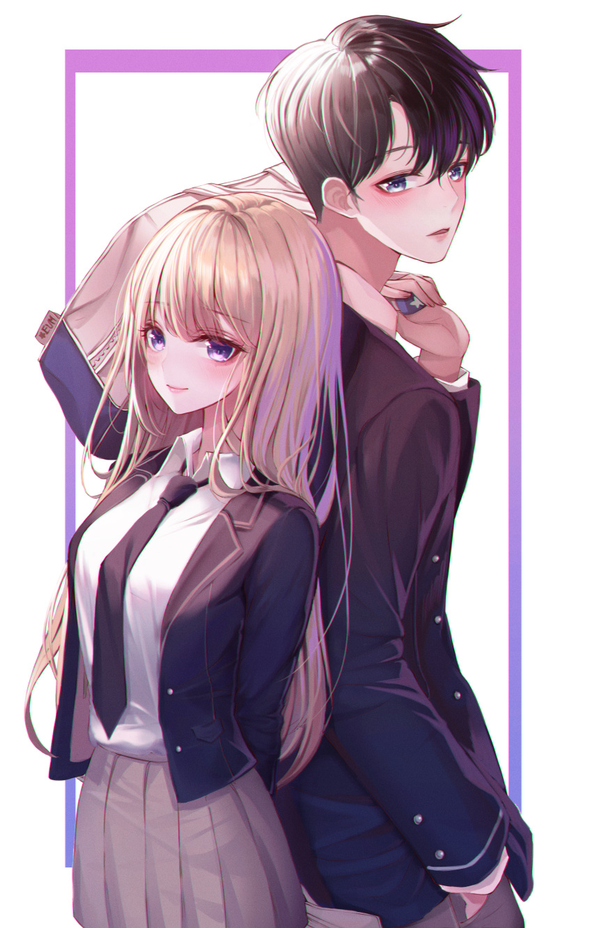 1boy 1girl absurdres bad_id bad_pixiv_id bag bangs black_eyes black_hair black_jacket black_necktie blazer blonde_hair blush border breasts closed_mouth collared_blazer collared_shirt eumi_114 expressionless grey_pants grey_skirt hair_over_shoulder hand_in_pocket head_tilt highres holding holding_bag jacket long_hair looking_at_viewer loose_clothes loose_necktie medium_breasts necktie open_clothes open_jacket original pants parted_lips pleated_skirt purple_border school_bag school_uniform shirt shirt_tucked_in short_hair simple_background skirt smile swept_bangs very_long_hair violet_eyes white_background white_shirt