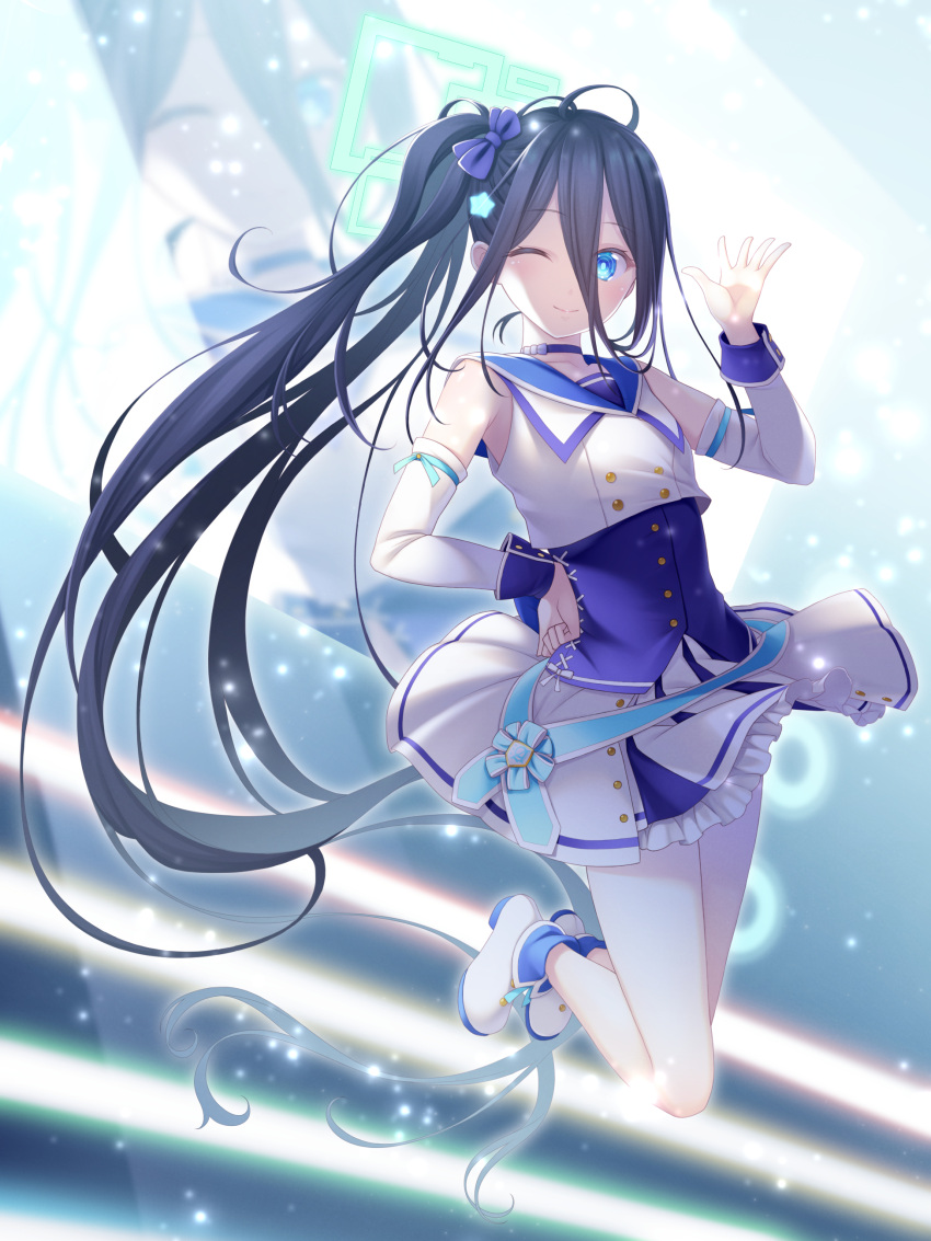 1girl ;) absurdly_long_hair absurdres aris_(blue_archive) bangs black_hair blue_archive blue_eyes blurry choker commentary_request concert depth_of_field detached_sleeves full_body hair_between_eyes halo hand_on_hip highres idol jumping long_hair long_sleeves looking_at_viewer midorino_eni official_alternate_costume one_eye_closed pleated_skirt side_ponytail sidelocks skirt smile solo very_long_hair waving zoom_layer