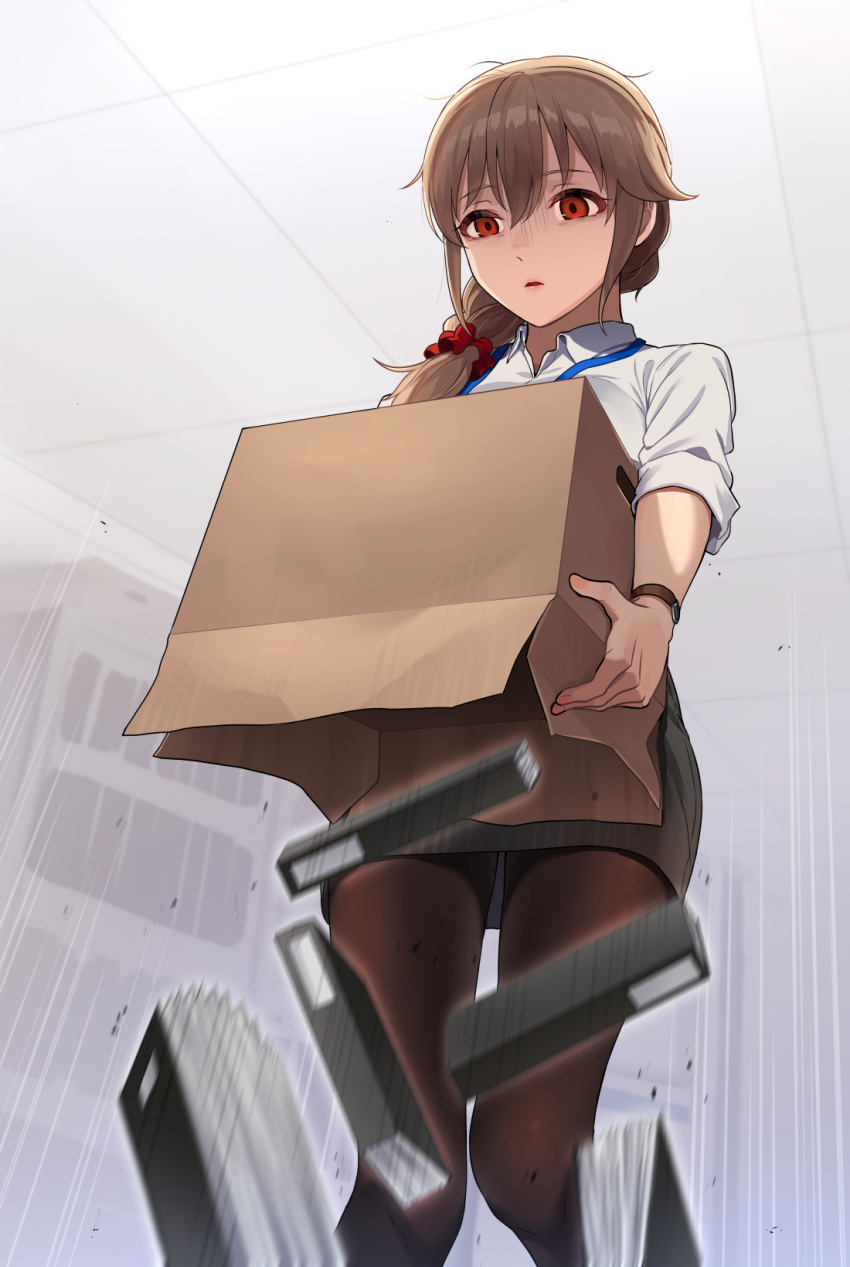 1girl accident black_pantyhose black_skirt box brown_hair cardboard_box empty_eyes feet_out_of_frame hair_ornament hair_scrunchie highres holding holding_box idolmaster idolmaster_cinderella_girls kamille_(vcx68) looking_down motion_blur pantyhose scrunchie senkawa_chihiro shirt side_ponytail skirt solo turn_pale watch watch white_shirt