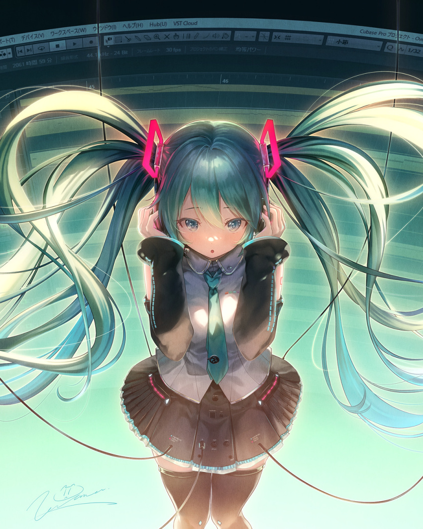 1girl aqua_eyes aqua_hair aqua_necktie bangs bare_shoulders black_skirt black_sleeves black_thighhighs cable collared_shirt commentary_request detached_sleeves floating_hair frills hair_between_eyes hair_ornament hands_on_headphones hatsune_miku headphones highres long_hair looking_at_viewer miku_day monitor necktie number_tattoo parted_lips pleated_skirt plug shirt shoulder_tattoo signature skirt sleeveless sleeveless_shirt solo tattoo thigh-highs twintails very_long_hair vocaloid yamashiro_kogane zettai_ryouiki