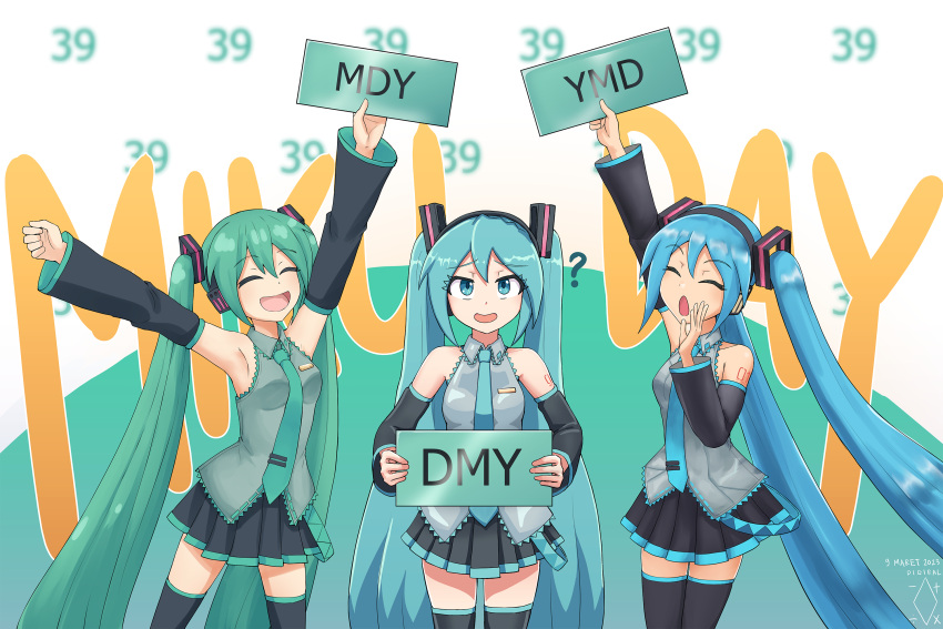 39 3girls :d ? armpits arms_up bangs blue_eyes closed_eyes collared_shirt detached_sleeves digiral green_hair hair_ornament hand_up hatsune_miku headphones highres holding holding_sign long_hair long_sleeves miku_day multiple_girls multiple_persona necktie open_mouth pleated_skirt shirt sign skirt sleeveless sleeveless_shirt smile thigh-highs twintails very_long_hair vocaloid