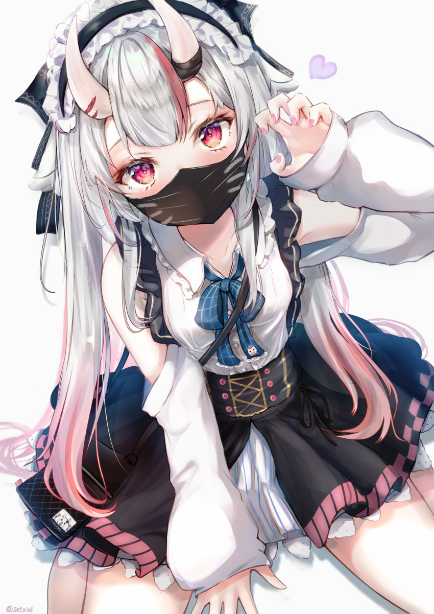 1girl arm_support between_legs black_bow black_mask black_skirt blue_ribbon blush bow breasts center_frills claw_pose clothing_cutout collared_shirt commentary covered_mouth frilled_hairband frilled_shirt frilled_shirt_collar frills gradient_hair grey_hair hair_bow hairband hand_between_legs hand_up high-waist_skirt highres hololive horns lolita_fashion lolita_hairband long_hair looking_at_viewer mask miniskirt mouth_mask multicolored_hair nail_polish nakiri_ayame neck_ribbon official_alternate_costume official_alternate_hairstyle oni_horns overskirt pink_nails pinstripe_pattern pinstripe_skirt red_eyes redhead ribbon seta_(seta105) shirt shoulder_cutout sitting skirt sleeve_cuffs small_breasts solo streaked_hair striped suspender_skirt suspenders twintails underbust virtual_youtuber wariza white_shirt white_skirt