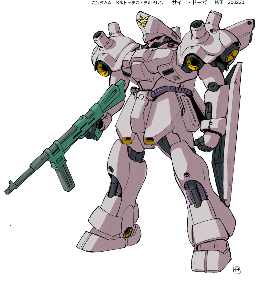 absurdres arm_shield char's_counterattack char's_counterattack_-_beltorchika's_children character_name clenched_hand full_body gun gundam highres holding holding_gun holding_weapon mecha mobile_suit no_humans official_art one-eyed pink_eyes production_art psycho_doga robot solo standing weapon white_background yanase_takayuki