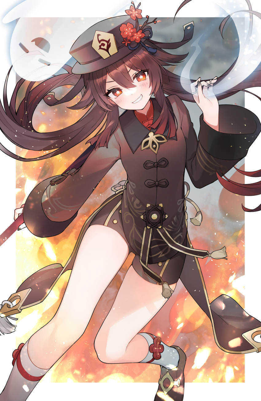 1girl absurdres black_nails boo_tao_(genshin_impact) border breasts brown_coat brown_footwear brown_hair chinese_clothes coat coattails collared_coat flower flower-shaped_pupils genshin_impact ghost hair_between_eyes hat hat_flower highres holding holding_polearm holding_weapon hu_tao_(genshin_impact) jewelry kneehighs long_hair multiple_rings plum_blossoms polearm porkpie_hat red_eyes red_shirt ring shirt short_shorts shorts small_breasts socks staff_of_homa_(genshin_impact) symbol-shaped_pupils tailcoat thighs twintails tym_taro weapon white_border white_socks