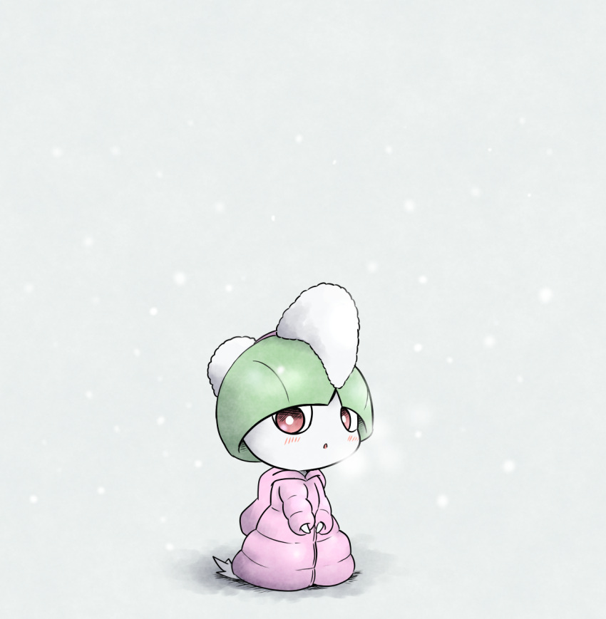 :o blush breath bright_pupils coat cold commentary_request grey_background highres hood hood_down hooded_coat kashiwa_(3920kashiwa) long_sleeves looking_at_viewer no_humans open_mouth parted_lips pink_coat pokemon pokemon_(creature) ralts red_eyes simple_background snowing standing white_pupils winter_clothes winter_coat