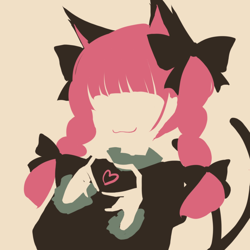:3 animal_ears black_dress black_fur black_ribbon braid cat_ears cat_girl cat_tail collar dress english_commentary finger_heart frilled_collar frilled_dress frilled_sleeves frills hair_ribbon heart highres juliet_sleeves kaenbyou_rin limited_palette long_hair long_sleeves maskin_mei minimalism multiple_tails puffy_sleeves redhead ribbon simple_background smile tail touhou twin_braids two_tails