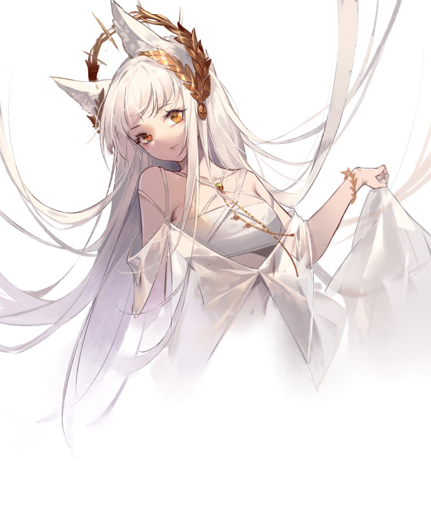 1girl animal_ears arknights bikini bracelet breasts chinese_commentary closed_mouth commentary covered_navel criss-cross_halter cropped_torso expressionless halterneck highres horse_ears jewelry laurel_crown long_hair looking_at_viewer official_alternate_costume orange_eyes platinum_(arknights) platinum_(shimmering_dew)_(arknights) simple_background skirt_hold small_breasts solo swimsuit swimsuit_cover-up upper_body very_long_hair white_background white_bikini white_hair woodylixx