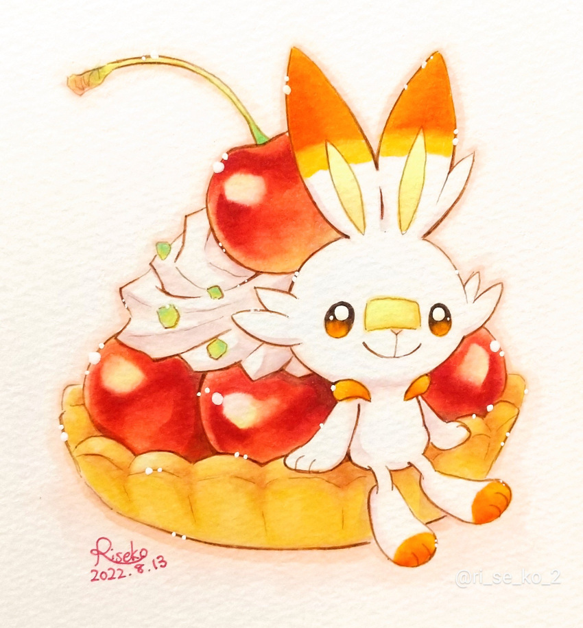 artist_name brown_eyes cherry closed_mouth commentary_request dated food fruit highres looking_at_viewer no_humans pokemon pokemon_(creature) riseko_(ri_se_ko_2) scorbunny signature simple_background sitting smile tart_(food) traditional_media twitter_username whipped_cream white_background