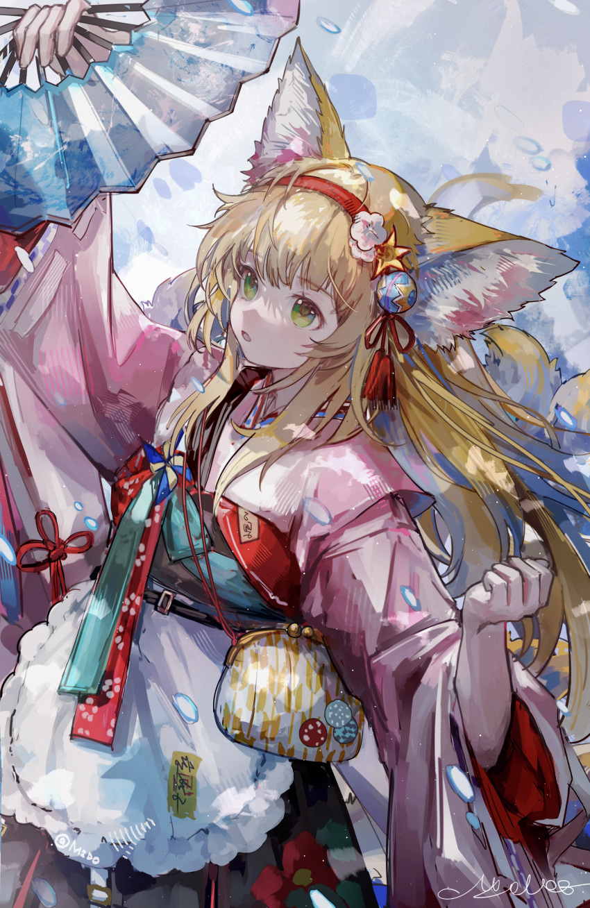 1girl absurdres animal_ear_fluff animal_ears apron arknights bangs black_hakama black_skirt blonde_hair coin_purse commentary cowboy_shot floral_print flower folding_fan fox_ears fox_girl fox_tail frilled_apron frills from_above green_eyes hair_flower hair_ornament hairband hakama hakama_skirt hand_fan hands_up highres japanese_clothes kimono kyuubi long_hair long_sleeves mido_(mido_chen) multiple_tails obi parted_lips pink_kimono pinwheel red_hairband rose_print sash skirt solo standing suzuran_(arknights) suzuran_(yukibare)_(arknights) tail tassel waist_apron white_apron wide_sleeves yagasuri