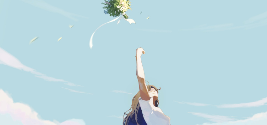 1girl arm_up bouquet brown_hair closed_mouth clouds flower highres long_hair original scenery shirt sky smile solo taizo4282 throwing upper_body white_shirt