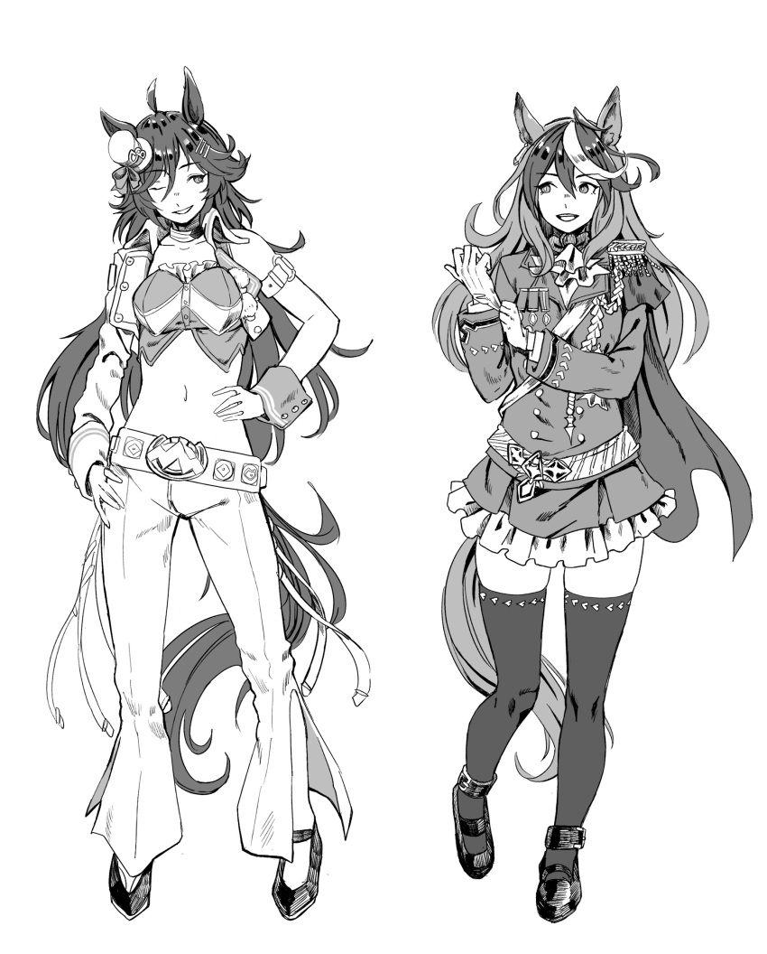 :d ;d ahoge aiguillette animal_ears ascot belt epaulettes frilled_skirt frills full_body gold_trim greyscale hair_ornament hairclip hat highres horse_ears horse_girl long_hair long_sleeves looking_at_another midriff mini_hat mini_top_hat monochrome mr._c.b._(umamusume) multicolored_hair navel one_eye_closed pants shoes simple_background single_epaulette single_sleeve skirt smile symboli_rudolf_(umamusume) thigh-highs top_hat umamusume utsuke_(u_tuk_e) white_background white_hair wrist_cuffs