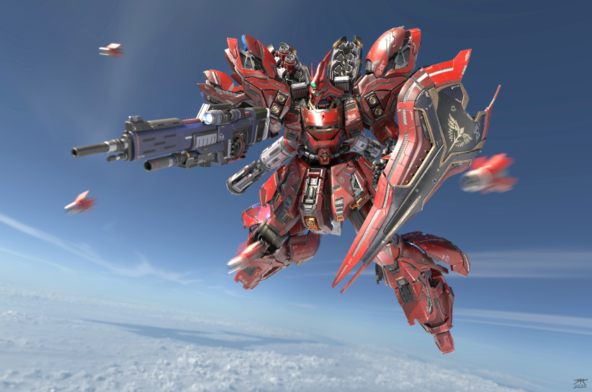 3d aaronhanart absurdres battle beam_rifle char's_counterattack clouds damaged dirty energy_gun english_commentary english_text flying gundam highres machinery mecha mobile_suit neo_zeon no_humans photo_background realistic robot sazabi shield signature weapon