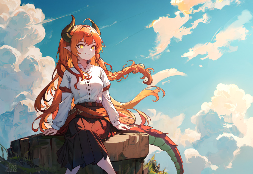 1girl absurdres ahoge blue_sky braid closed_mouth clouds day dragon_girl dragon_tail dress_shirt floating_hair highres horns layered_sleeves long_hair long_skirt long_sleeves orange_hair original outdoors pleated_skirt pointy_ears red_skirt shirt short_over_long_sleeves short_sleeves sitting skirt sky smile solo tail unstableboiler very_long_hair white_shirt yellow_eyes