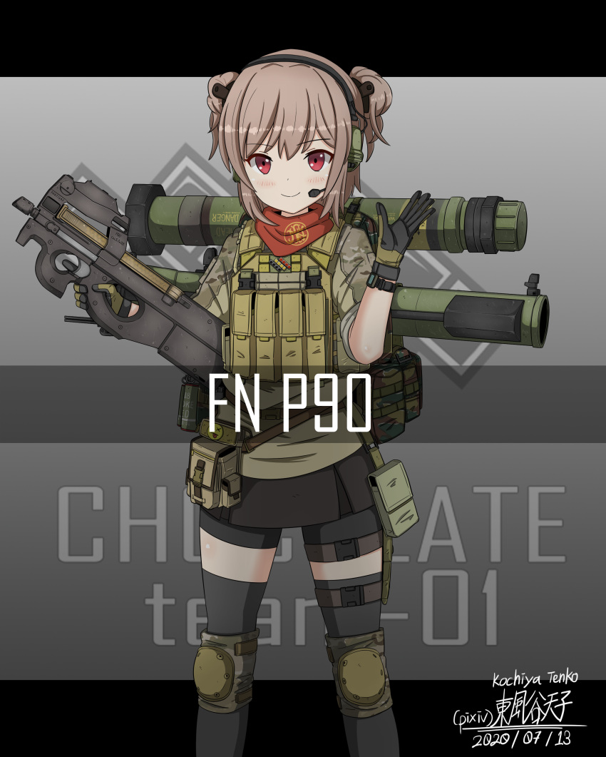 1girl absurdres ammunition_pouch artist_name bangs belgian_flag black_gloves black_skirt blush brown_gloves brown_shirt brown_vest bullpup camouflage camouflage_shirt character_name closed_mouth commentary_request dated desert_camouflage double_bun emoji english_text fn_herstal girls_frontline gloves gradient_background grey_background grey_thighhighs gun hair_bun hair_ornament hand_up headset highres holding holding_gun holding_weapon kanji knee_pads kochiya_tenko letterboxed light_brown_hair load_bearing_equipment load_bearing_vest logo looking_at_viewer military miniskirt no_eyewear p90 p90_(girls'_frontline) pixiv_username pouch product_placement red_eyes rocket_launcher romaji_text shirt skirt sleeves_rolled_up smaw smile smoke_grenade snap-fit_buckle solo submachine_gun tactical_clothes thigh-highs thigh_pouch tsurime two-tone_gloves vest watch watch weapon weapon_name weapon_on_back