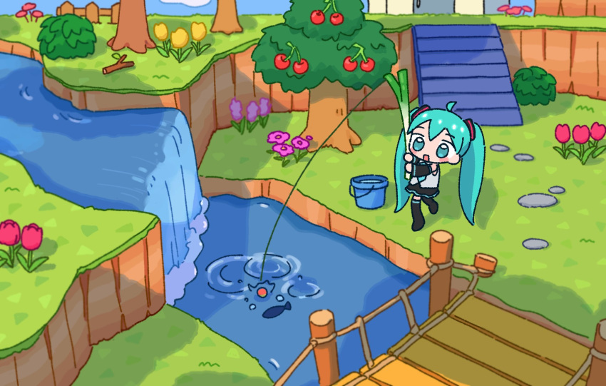 1girl 1nupool animal_crossing aqua_eyes aqua_hair bridge bucket cherry day detached_sleeves fish fishing fishing_rod flower food fruit grass hatsune_miku highres holding holding_fishing_rod long_hair open_mouth outdoors pink_flower ramp ripples river rock solo spring_onion standing stick tree tulip twintails very_long_hair vocaloid water waterfall yellow_flower