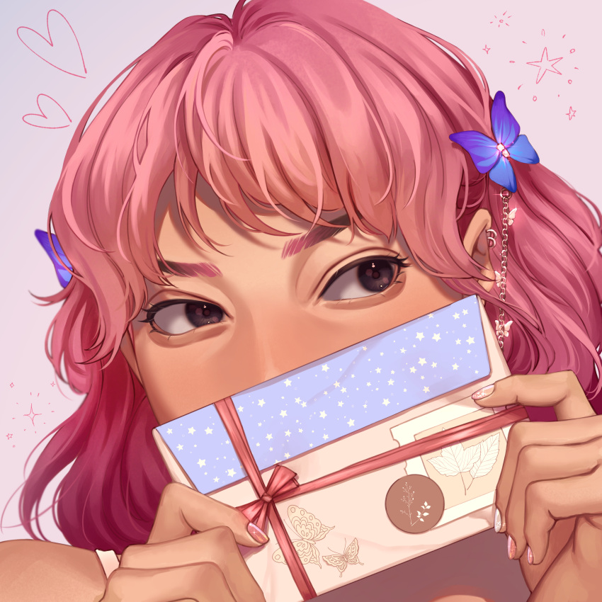 1girl absurdres annlu_vazzel brown_eyes butterfly_hair_ornament close-up commentary covering_mouth ear_piercing english_commentary envelope eyebrows_hidden_by_hair hair_ornament heart highres holding holding_envelope piercing pink_hair portrait real_life self-portrait solo