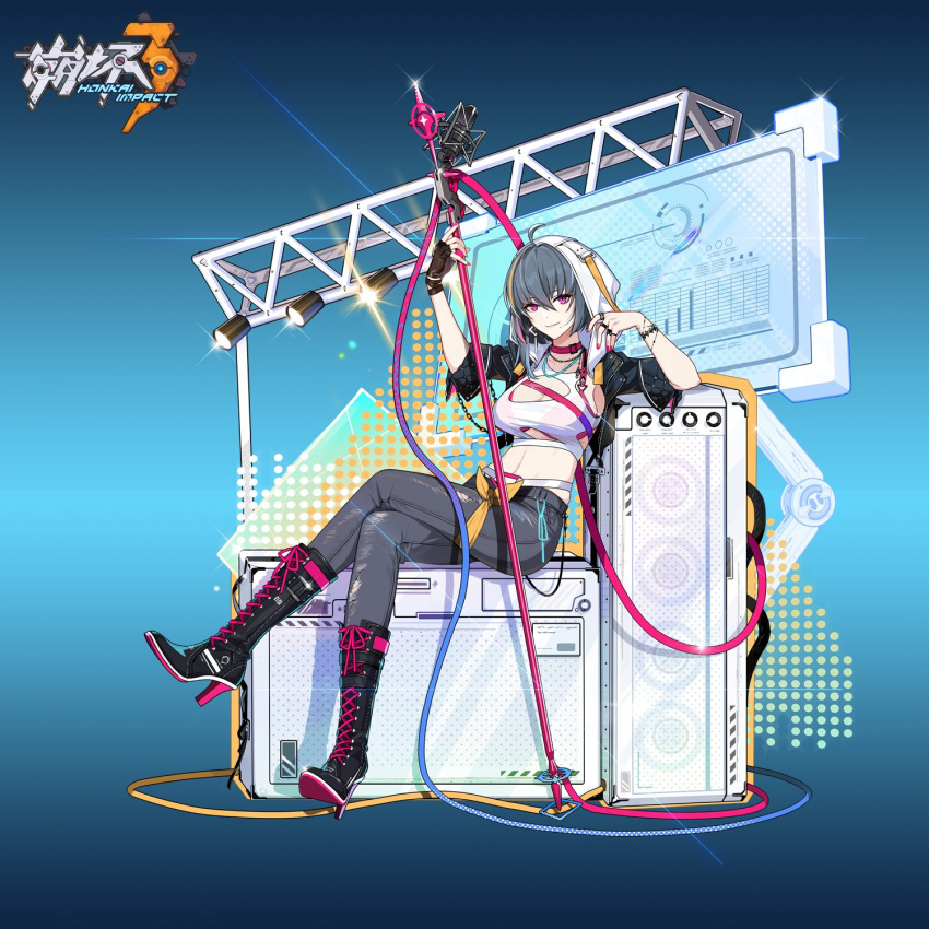 1girl boots cleavage_cutout clothing_cutout crossed_legs denim high_heels highres honkai_(series) honkai_impact_3rd hood hoodie jacket jeans juer1004 microphone microphone_stand nail_polish official_art open_clothes open_jacket pants raven_(honkai_impact) stereo tank_top violet_eyes