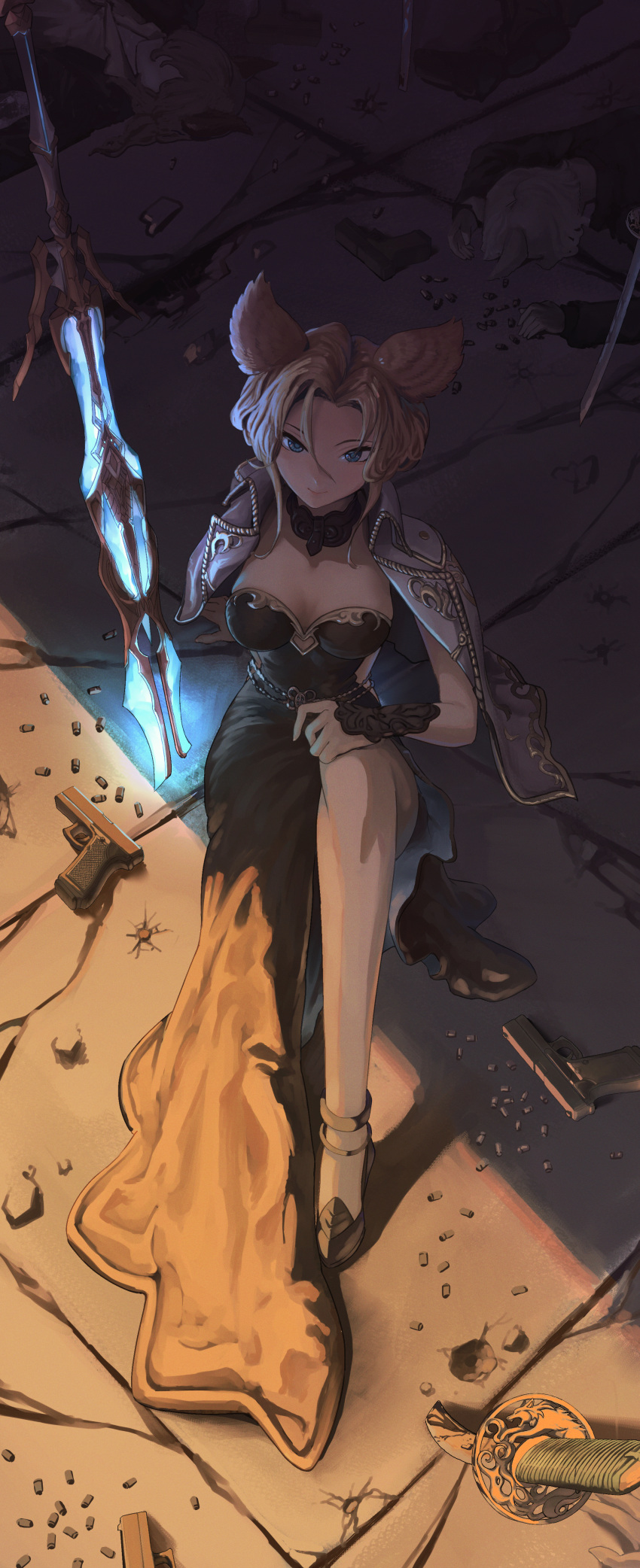 1girl 2boys absurdres after_battle animal_ears black_dress blacktail_hihi blonde_hair blue_eyes breasts bullet cracked_floor dress elea_(granblue_fantasy) erune glowing glowing_sword glowing_weapon granblue_fantasy gun high_heels highres hole jacket katana looking_at_viewer medium_breasts multiple_boys seductive_smile shiny_skin short_hair smile solo solo_focus sunlight sword weapon white_jacket