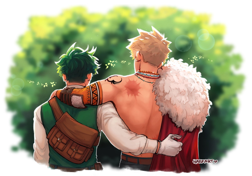 2boys arm_around_shoulder artist_name back bakugou_katsuki blonde_hair boku_no_hero_academia brown_bag cape commentary detached_sleeves english_commentary from_behind fur-trimmed_cape fur_trim gloves green_hair green_vest habkart hand_on_another's_back highres jewelry long_sleeves male_focus midoriya_izuku multiple_boys necklace official_alternate_costume red_cape scar scar_on_back shirt short_hair shoulder_tattoo single_bare_shoulder spiky_hair tattoo topless_male upper_body vest white_gloves white_shirt