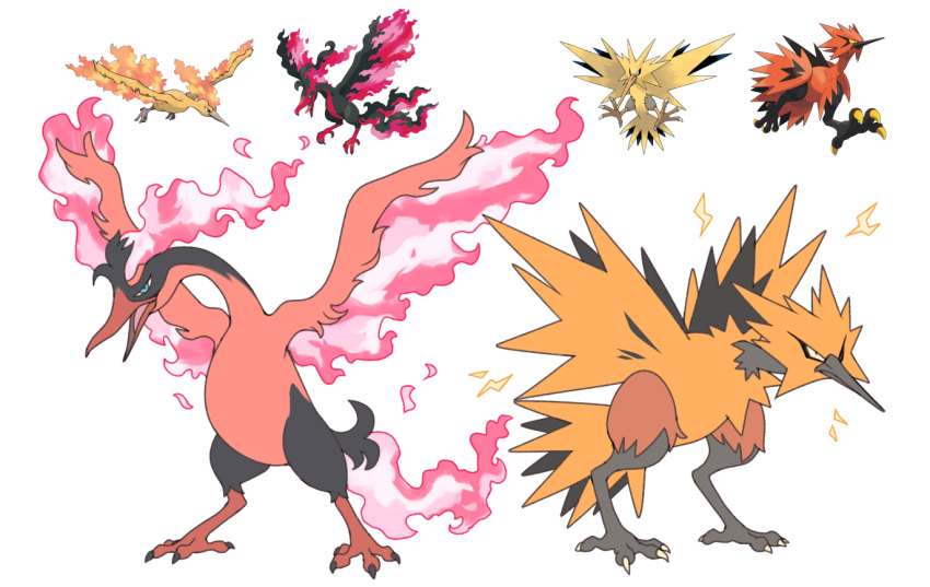 animal_focus beak blue_eyes colored_sclera fire galarian_moltres galarian_zapdos looking_at_viewer moltres no_humans official_art_inset open_mouth pokemon pokemon_(creature) simple_background standing talons vergolophus white_background wings yellow_sclera zapdos