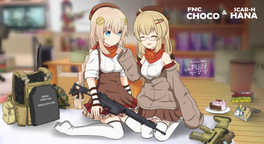2girls absurdres ahoge ammunition_pouch arm_at_side artist_name assault_rifle bandana bangs battle_rifle beret bespectacled black_bow black_ribbon blonde_hair blue_eyes blue_headwear blurry blurry_background body_armor book book_stack bookshelf bow box braid breasts brown_headwear brown_jacket brown_skirt buttons cake camouflage camouflage_headwear cardboard_box character_name cherry chinese_commentary closed_eyes closed_mouth combat_helmet commentary_request company_connection cream dated double-breasted dress english_text facing_viewer fn_fnc fn_scar fn_scar_17 fnc_(girls'_frontline) folding_stock food fork frilled_skirt frills fruit full_body girls_frontline glasses gun hair_bow hair_ornament hair_ribbon hairclip hat headwear_removed highres holding holding_food holding_fork holding_gun holding_weapon indoors jacket jacket_partially_removed kanji kochiya_tenko load_bearing_vest long_hair manga_(object) multiple_girls open_book optical_sight photo_(object) pinafore_dress pixiv_username plate plate_carrier pleated_skirt pouch red_bandana red_headwear ribbon rifle scar-h_(girls'_frontline) semi-rimless_eyewear shirt sitting skirt sleeveless sleeveless_shirt sleeves_past_fingers sleeves_past_wrists sleeves_rolled_up smile star_(symbol) star_print table tactical_clothes television thigh-highs trash_can two-tone_headwear under-rim_eyewear wariza weapon weapon_name white_shirt white_thighhighs wooden_floor woodland_camouflage x_hair_ornament zipper