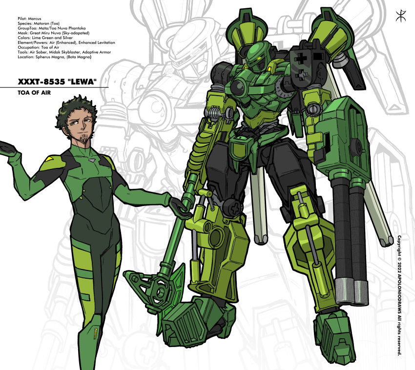 1boy absurdres apoloniodraws arm_cannon axe bionicle black_gloves black_hair bodysuit character_name facial_hair full_body gloves glowing glowing_eye green_bodysuit green_eyes green_gloves hair_behind_ear highres lewa_(bionicle) male_focus mecha mechanization open_hands pilot_suit robot science_fiction simple_background smirk standing stubble the_lego_group two-tone_gloves weapon white_background