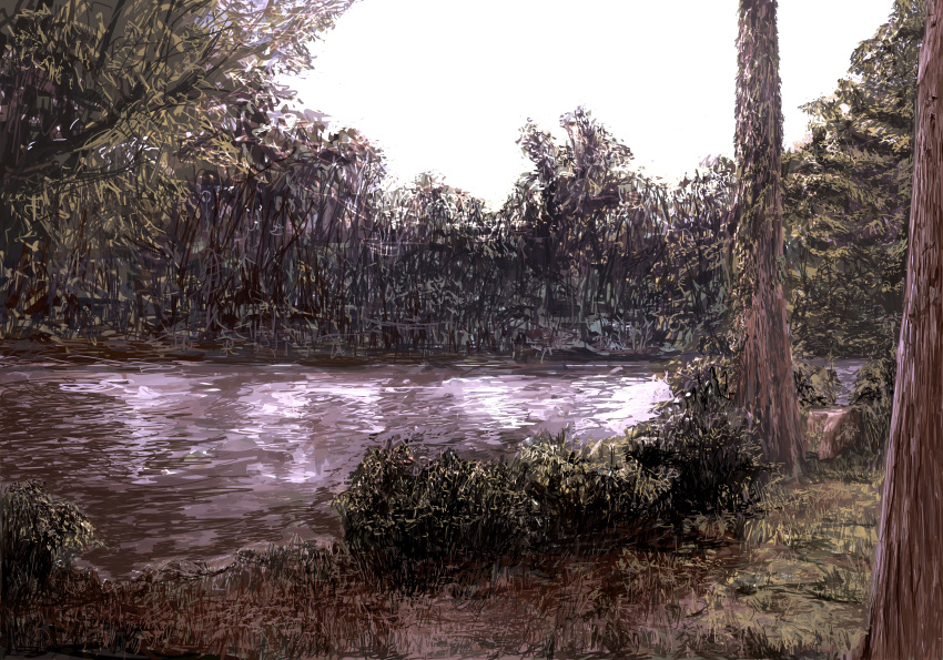 absurdres bush day forest grass highres landscape mitsuaki_takeuchi nature no_humans original outdoors river scenery sketch tree