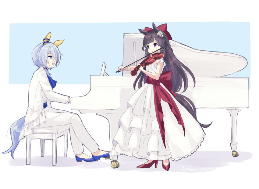 2girls animal_ears ascot blue_ascot blue_eyes blue_footwear blue_hair bow chair commentary daiichi_ruby_(umamusume) dress drill_hair ear_covers from_side hair_bow high_heels highres horse_ears horse_girl horse_tail instrument jacket k.s.miracle_(umamusume) light_blue_background looking_at_another multiple_girls music pants playing_instrument playing_piano red_bow red_footwear sangria_(sangria69) short_sleeves simple_background sitting smile tail two-tone_background umamusume violet_eyes violin white_background white_dress white_jacket white_pants