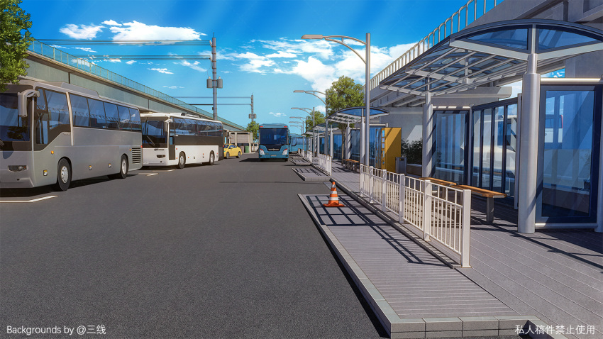 bench blue_sky building bus bus_stop car clouds day ground_vehicle lamppost motor_vehicle no_humans original outdoors pavement power_lines railing sanxian_(wufs4222) scenery sky traffic_cone trash_can vending_machine window