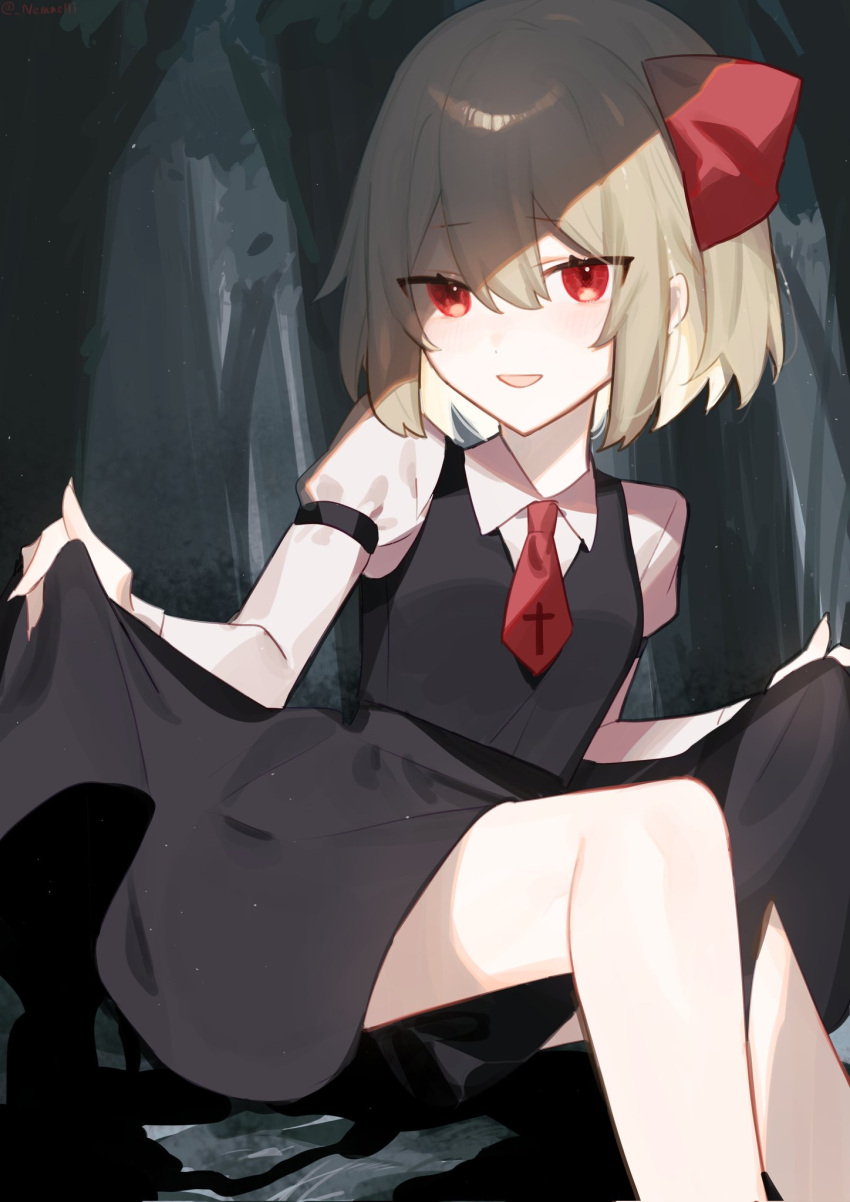 1girl :d ascot bangs black_skirt blonde_hair breasts clothes_lift dark_background hair_between_eyes hair_ribbon highres lifted_by_self looking_at_viewer necktie nemachi red_eyes red_necktie ribbon rumia shirt short_hair simple_background skirt skirt_hold skirt_lift small_breasts smile solo touhou vest