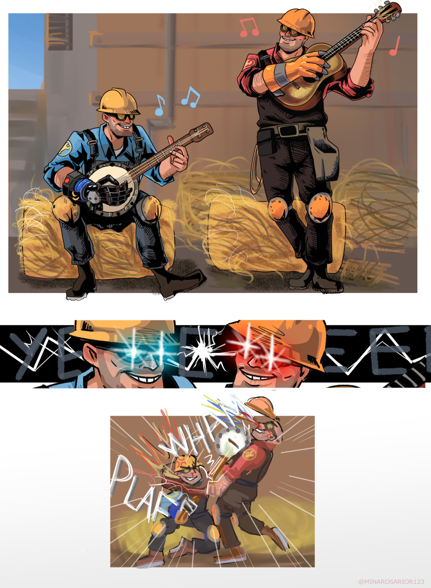 absurdres banjo blue_eyes engineer engineer_(tf2) guitar hay highres hitting holding holding_instrument instrument laser red_eyes sound_effects team_fortress_2