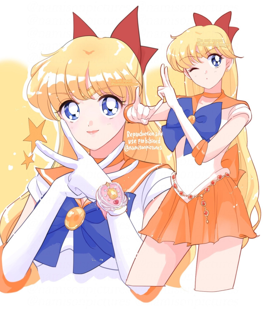 1girl aino_minako back_bow bangs bishoujo_senshi_sailor_moon blonde_hair blue_bow blue_bowtie blue_eyes bow bowtie brooch chain choker circlet collar commentary earrings elbow_gloves gloves hair_bow heart highres jewelry long_hair miniskirt multiple_views namisonpictures one_eye_closed orange_bow orange_choker orange_collar orange_gemstone orange_skirt pleated_skirt red_bow sailor_venus shirt short_sleeves skirt smile stud_earrings symbol-only_commentary venus_chain_(sailor_moon) white_gloves white_shirt yellow_bow
