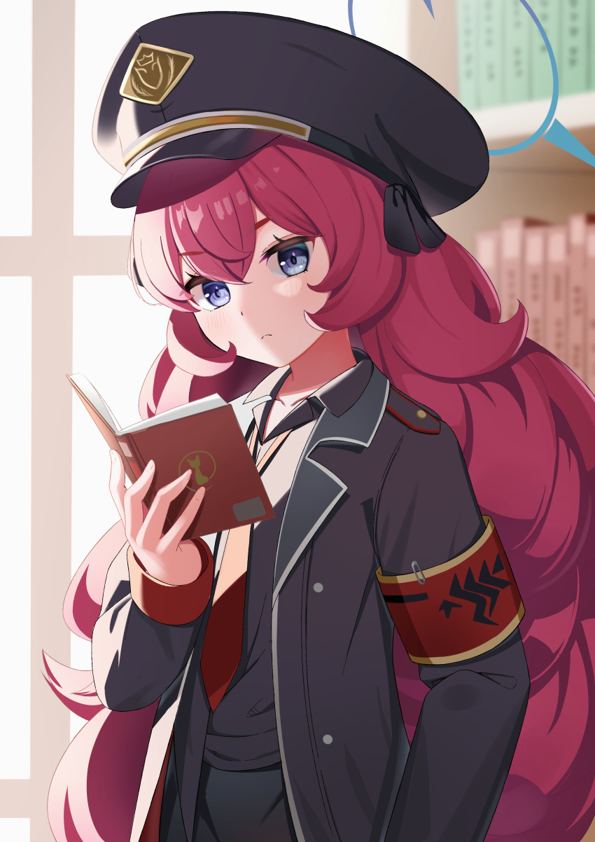 1girl absurdres armband backlighting bangs black_coat blue_archive blurry book bookshelf coat collared_shirt commentary_request depth_of_field hair_between_eyes halo hat highres holding holding_book indoors iroha_(blue_archive) long_hair long_sleeves looking_away necktie peaked_cap reading redhead rindou_ringdong school_uniform shirt sidelocks solo sunlight violet_eyes wavy_hair window
