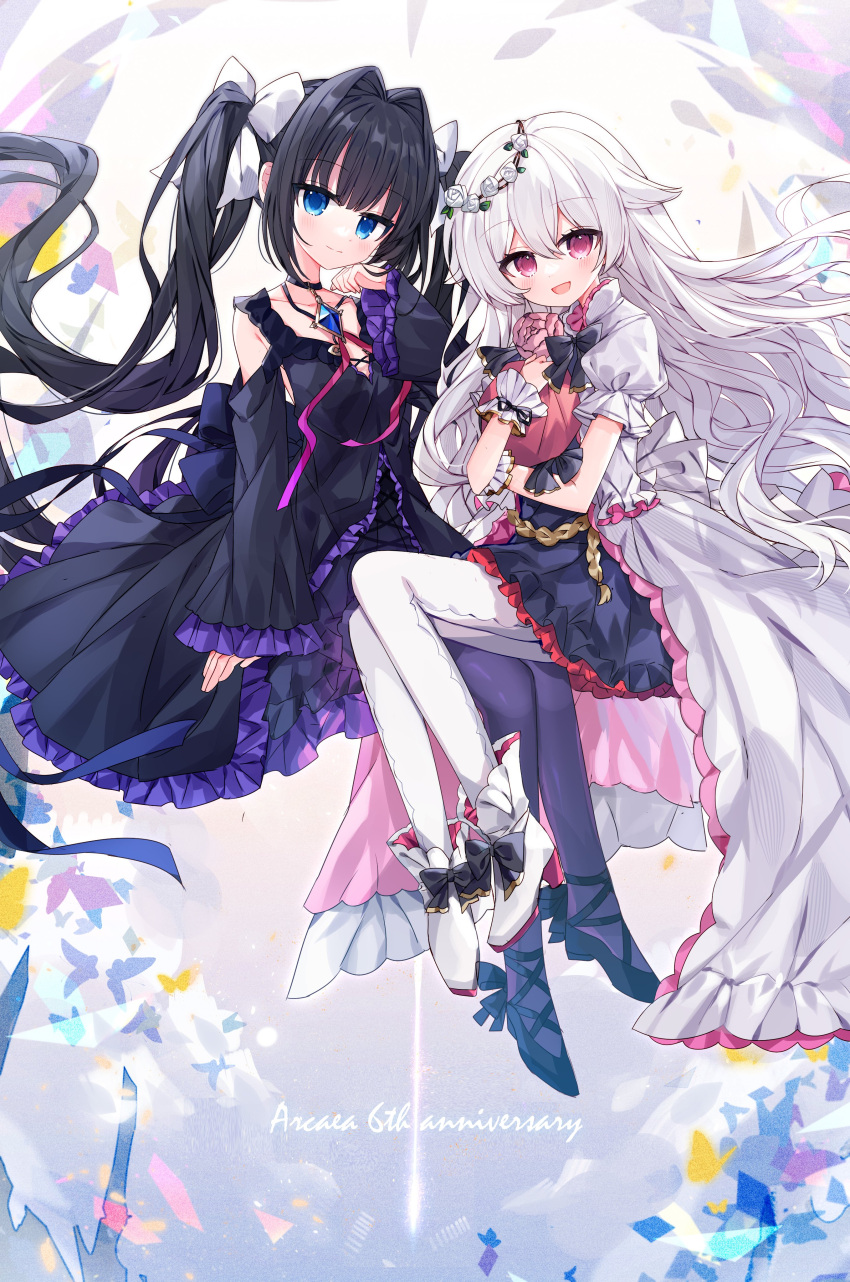 2girls absurdres black_hair blue_eyes blush boots bow character_request choker closed_mouth collarbone copyright_request grey_hair hair_bow hair_intakes high_heel_boots high_heels highres long_hair multiple_girls open_mouth pink_eyes puffy_short_sleeves puffy_sleeves shio_0585 short_sleeves smile twintails white_bow white_footwear