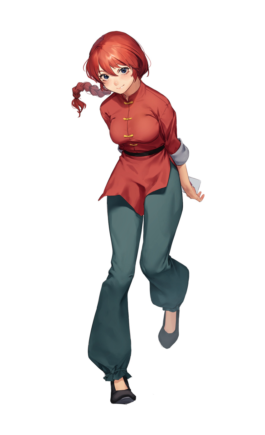 1girl arms_behind_back bangs beeeeen black_footwear blue_eyes blue_pants braid braided_ponytail breasts chinese_clothes closed_mouth full_body hair_between_eyes highres long_sleeves looking_at_viewer medium_breasts pants ranma-chan red_shirt redhead shirt simple_background single_braid smile solo standing white_background