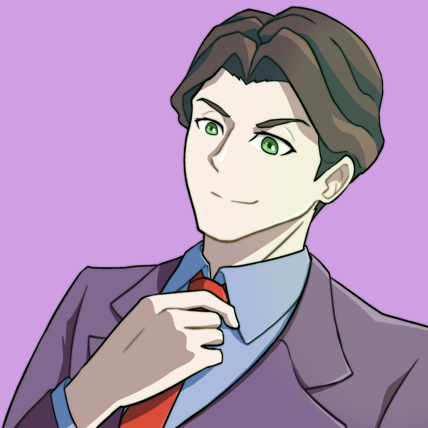 1boy adjusting_clothes adjusting_necktie andrew_hanbridge blue_shirt brown_hair closed_mouth collared_shirt green_eyes hato-sama highres jacket little_witch_academia long_sleeves male_focus necktie purple_background purple_jacket red_necktie shirt short_hair simple_background smile solo split_mouth upper_body