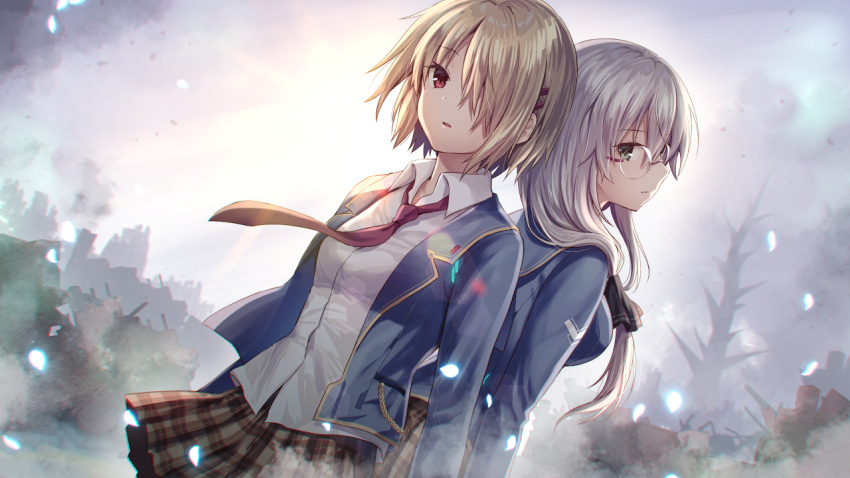 2girls back-to-back bangs blazer blonde_hair blue_jacket breasts brown_skirt collared_shirt commentary_request dress_shirt glasses green_eyes grey_hair hair_between_eyes hair_ornament hair_over_one_eye hairclip heaven_burns_red izumi_yuki_(heaven_burns_red) jacket kayamori_ruka long_hair medium_breasts multiple_girls nakamura_hinato necktie open_clothes open_jacket parted_lips plaid plaid_skirt red_eyes red_necktie ruins school_uniform shirt skirt small_breasts white_shirt