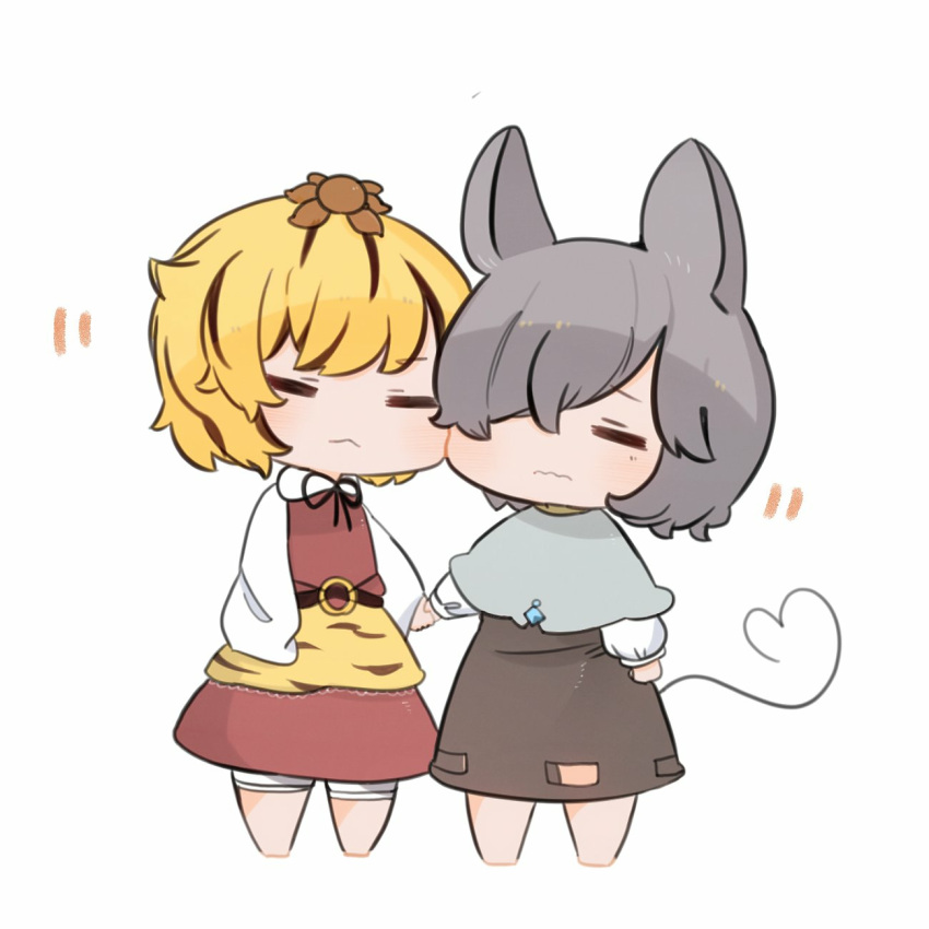 2girls :3 animal_ears animal_print bangs barefoot black_hair blonde_hair cheek-to-cheek closed_eyes closed_mouth commentary_request dress grey_dress grey_hair hair_ornament hair_over_one_eye heads_together highres holding_hands kurotaro layered_clothes long_sleeves mouse_ears mouse_girl mouse_tail multicolored_hair multiple_girls nazrin orange_skirt red_dress red_skirt shirt short_hair skirt streaked_hair tail tiger_print toramaru_shou touhou two-tone_hair white_shirt wide_sleeves yuri