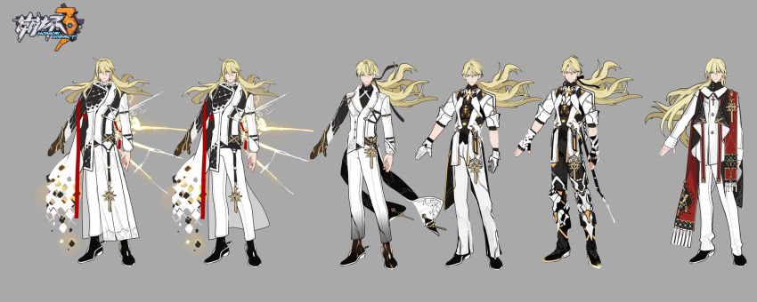 1boy asymmetrical_clothes bangs blonde_hair chinese_commentary chinese_text closed_mouth concept_art cross highres honkai_(series) honkai_impact_3rd juer1004 logo long_hair male_focus official_art otto_apocalypse pants ponytail smile solo standing white_pants