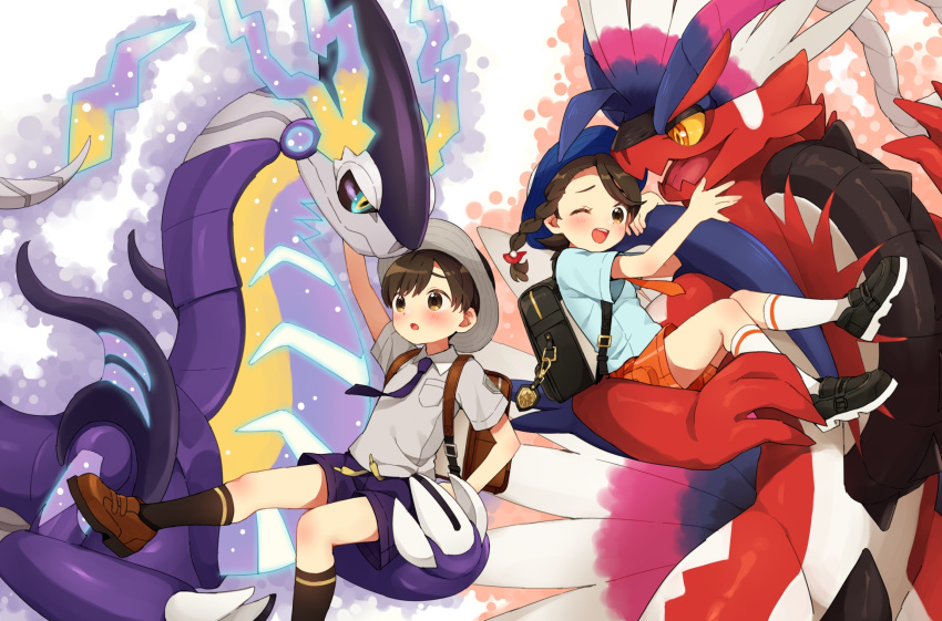 1boy 1girl ;d backpack bag bangs black_bag blush braid brown_eyes brown_footwear brown_hair collared_shirt commentary_request florian_(pokemon) highres juliana_(pokemon) koraidon miraidon necktie one_eye_closed open_mouth orange_shorts pokemon pokemon_(creature) pokemon_(game) pokemon_sv rii_(pixiv11152329) shirt shoes short_hair shorts smile socks white_socks