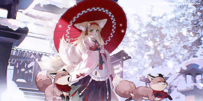 absurdres animal_ear_fluff animal_ears apron architecture arknights black_skirt blonde_hair blush chinese_commentary commentary_request east_asian_architecture flower fox fox_ears fox_girl fox_tail green_eyes hair_flower hair_ornament hairband highres holding holding_umbrella japanese_clothes kimono long_hair long_sleeves looking_at_viewer multiple_tails official_alternate_costume oil-paper_umbrella parted_lips pink_kimono red_hairband shrine skirt snow suzuran_(arknights) suzuran_(yukibare)_(arknights) tail tassel umbrella waist_apron white_apron white_flower wide_sleeves xianyu_guguzi