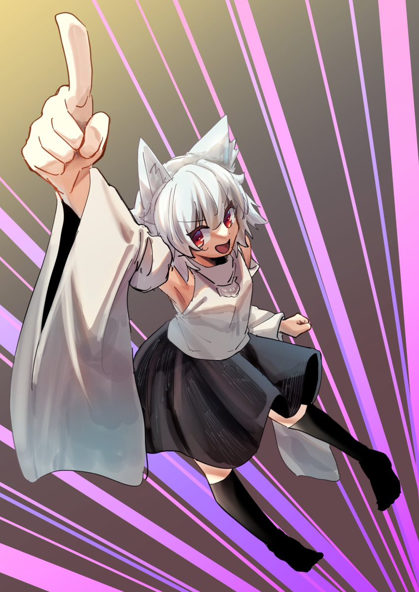 1girl 9302w_(user_wjpg8475) :d animal_ear_fluff animal_ears arm_up armpits bangs bare_shoulders black_skirt black_thighhighs emphasis_lines from_above full_body grey_background highres inubashiri_momiji looking_at_viewer open_mouth pointing pointing_at_viewer red_eyes shirt short_hair skirt smile solo tail thigh-highs touhou white_hair white_shirt white_sleeves wolf_ears wolf_girl wolf_tail