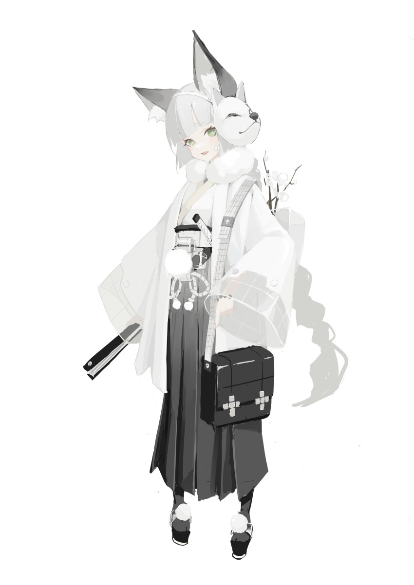 1girl :d absurdres animal_ear_fluff animal_ears bag bandaid bandaid_on_face black_bag black_footwear black_skirt blush braid braided_ponytail chinese_commentary commentary_request cross-shaped_pupils fang folded_fan folding_fan fox_ears fox_mask fs_(21338833) full_body green_eyes hakama hakama_skirt hand_fan handbag highres holding holding_fan japanese_clothes kimono long_hair long_sleeves looking_at_viewer mask open_mouth original pom_pom_(clothes) shoes simple_background skirt smile sword symbol-shaped_pupils very_long_hair weapon white_background white_hair white_kimono wide_sleeves