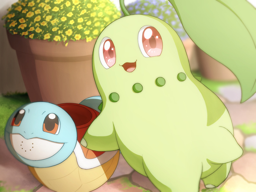 :d character_print chikorita commentary_request day grass highres looking_back monaka_(hc_pkmn) open_mouth outdoors plant pokemon potted_plant red_eyes smile squirtle tongue watering_can