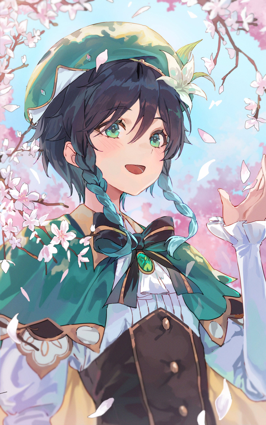 1boy 2gong_(9ujin_) absurdres aqua_hair beret black_hair bow bowtie braid brooch capelet cherry_blossoms corset genshin_impact gradient_hair green_capelet green_eyes green_headwear hand_up hat highres jewelry long_sleeves looking_at_viewer male_focus multicolored_hair open_mouth petals shirt short_hair_with_long_locks smile solo twin_braids two-tone_hair upper_body venti_(genshin_impact) white_shirt
