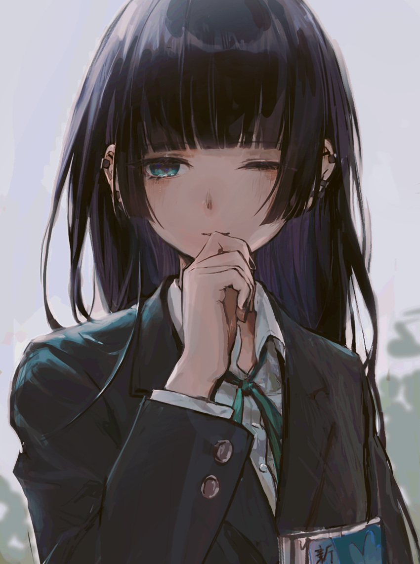 1girl bangs black_hair black_jacket blazer blunt_bangs bocchi_the_rock! closed_mouth collared_shirt commentary_request dress_shirt earrings green_eyes grey_background half-closed_eye hand_up highres jacket jewelry light_smile long_hair long_sleeves looking_at_viewer pa-san revision school_uniform shirt simple_background solo tentsuu_(tentwo) white_shirt