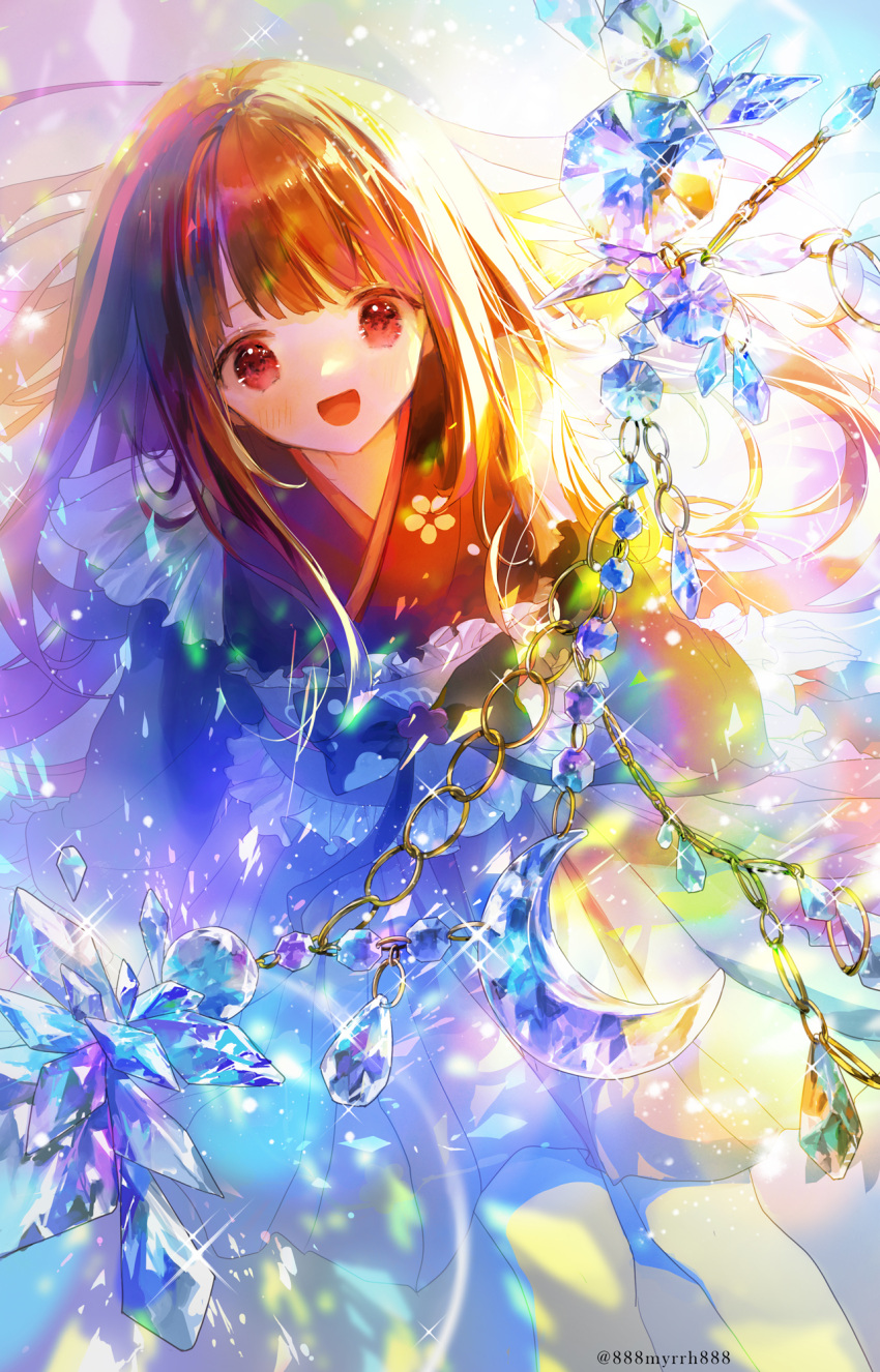 1girl 888myrrh888 blonde_hair chain crystal highres japanese_clothes long_hair looking_at_viewer multicolored_background open_mouth original red_eyes very_long_hair