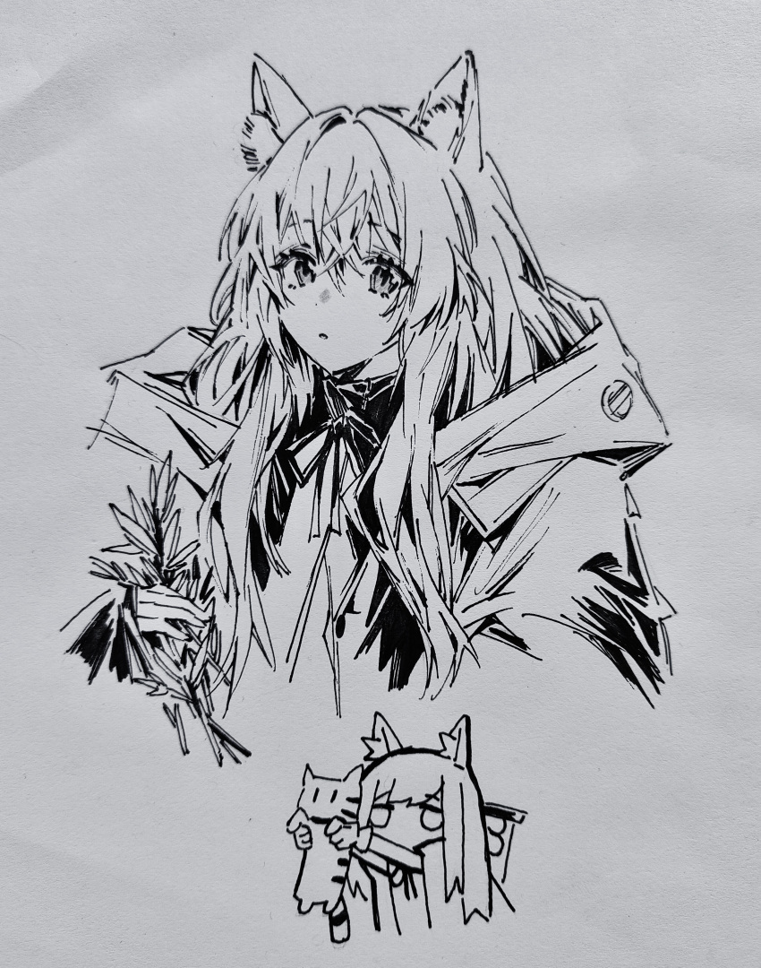 1girl :o absurdres animal animal_ear_fluff animal_ears arknights ashi_(dongshi389) cat cat_ears chibi commentary_request dress grey_background greyscale hair_between_eyes highres holding holding_animal hood hood_down hooded_jacket jacket jitome long_hair looking_at_viewer monochrome multiple_views neck_ribbon open_clothes open_jacket parted_lips photo_(medium) ribbon rosmontis_(arknights) simple_background traditional_media