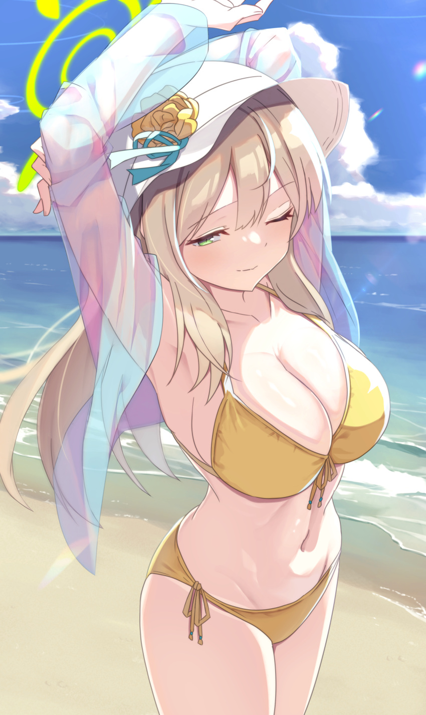 absurdres armpits arms_behind_head bangs beach bikini blue_archive bracelet breasts commentary_request cowboy_shot day deisui flower front-tie_bikini_top front-tie_top green_eyes halo hat hat_flower hat_ribbon highres jacket jewelry large_breasts light_brown_hair light_smile looking_down nonomi_(blue_archive) nonomi_(swimsuit)_(blue_archive) official_alternate_costume one_eye_closed outdoors ribbon see-through see-through_jacket side-tie_bikini_bottom stretching sun_hat sunlight swept_bangs swimsuit white_headwear yellow_bikini